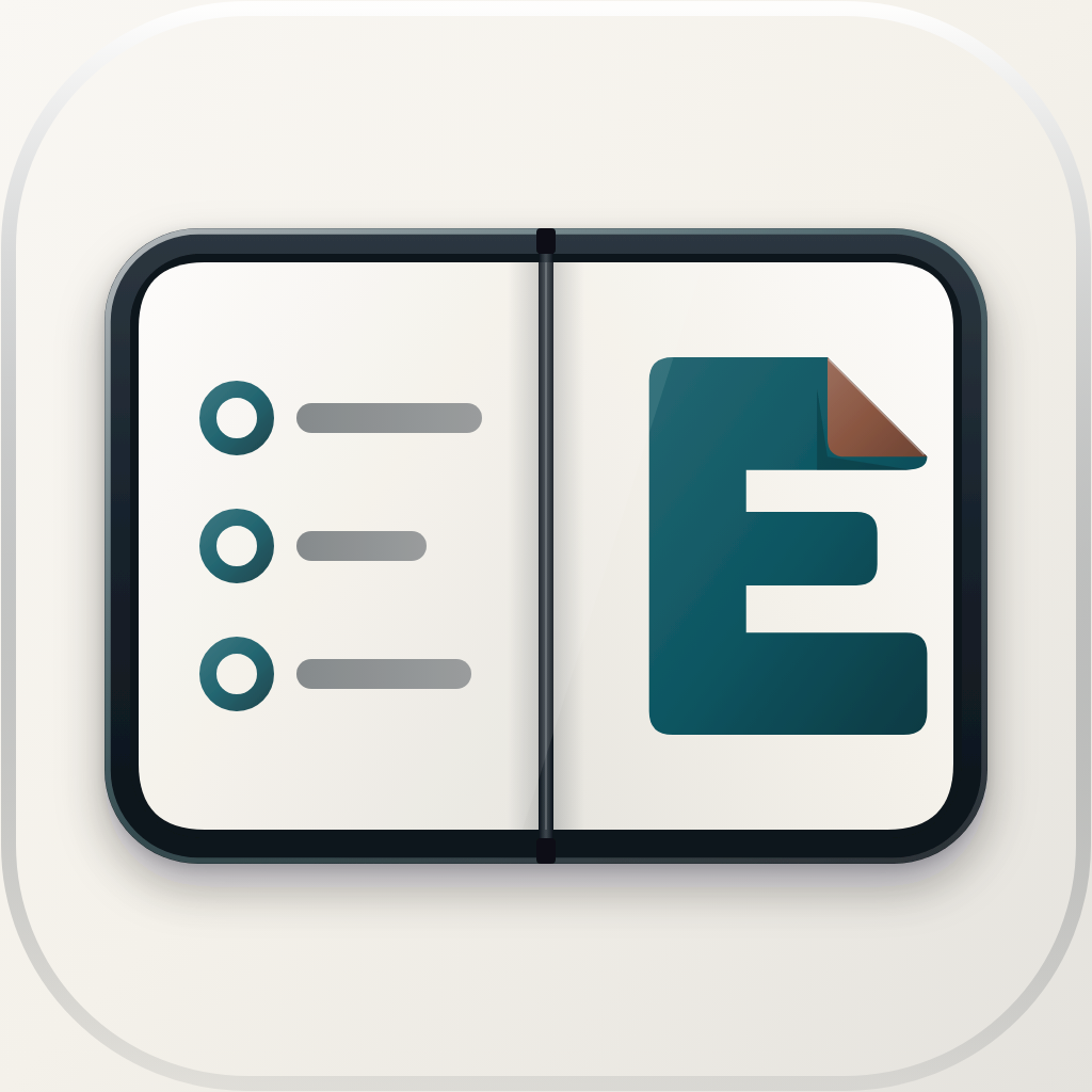 The Eonote app icon in the light look: an open iPhone Duo with a checklist on the left screen and the folded-corner E on the right